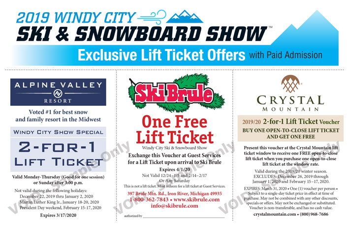 Lift ticket coupon offers for Windy City Ski snowboard show 2020
